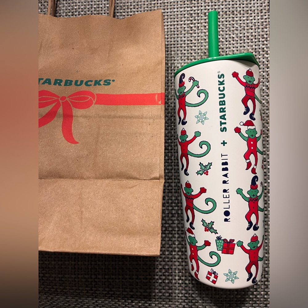 NWT Starbucks x Roller Rabbit Holiday Elf Tumbler Green Lid w/ Straw NEW RELEASE